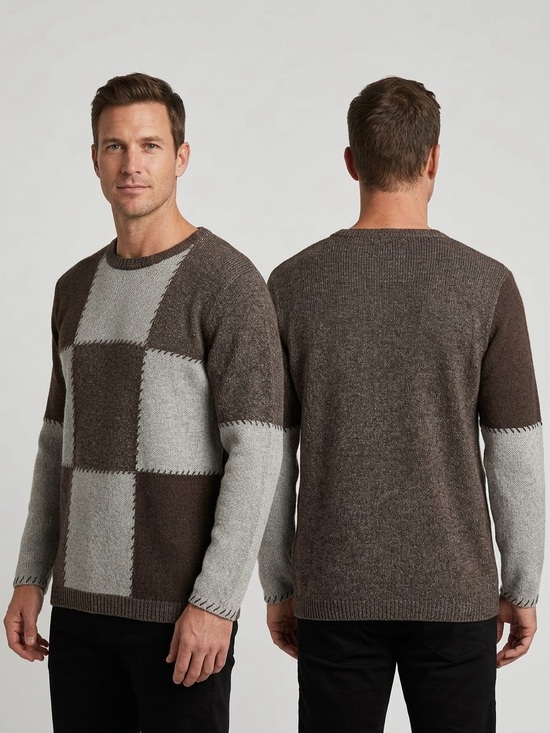 Teddi Other - Vintage Teddi Patchwork Knit Crewneck Sweater Brown Grey Block Stitch Size M